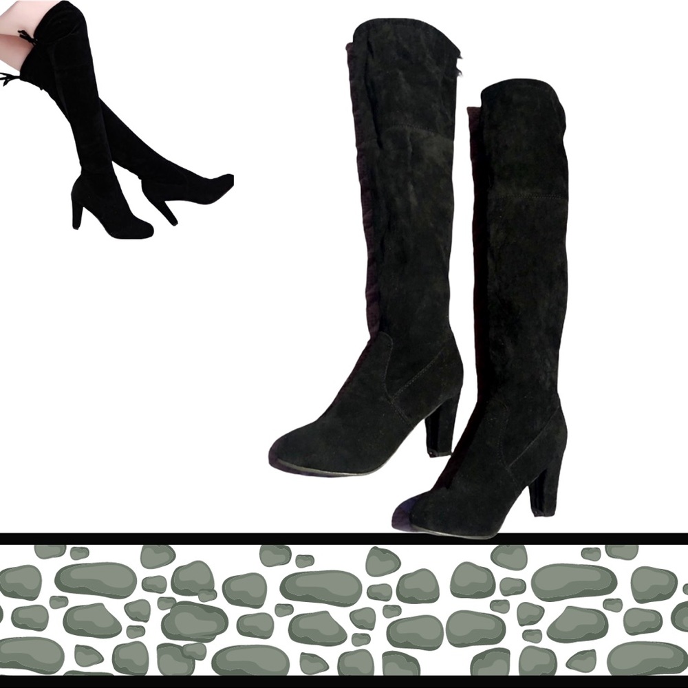 Over the Knee Faux Suede Black 3” Heel Boots NEW - Picture 3 of 6
